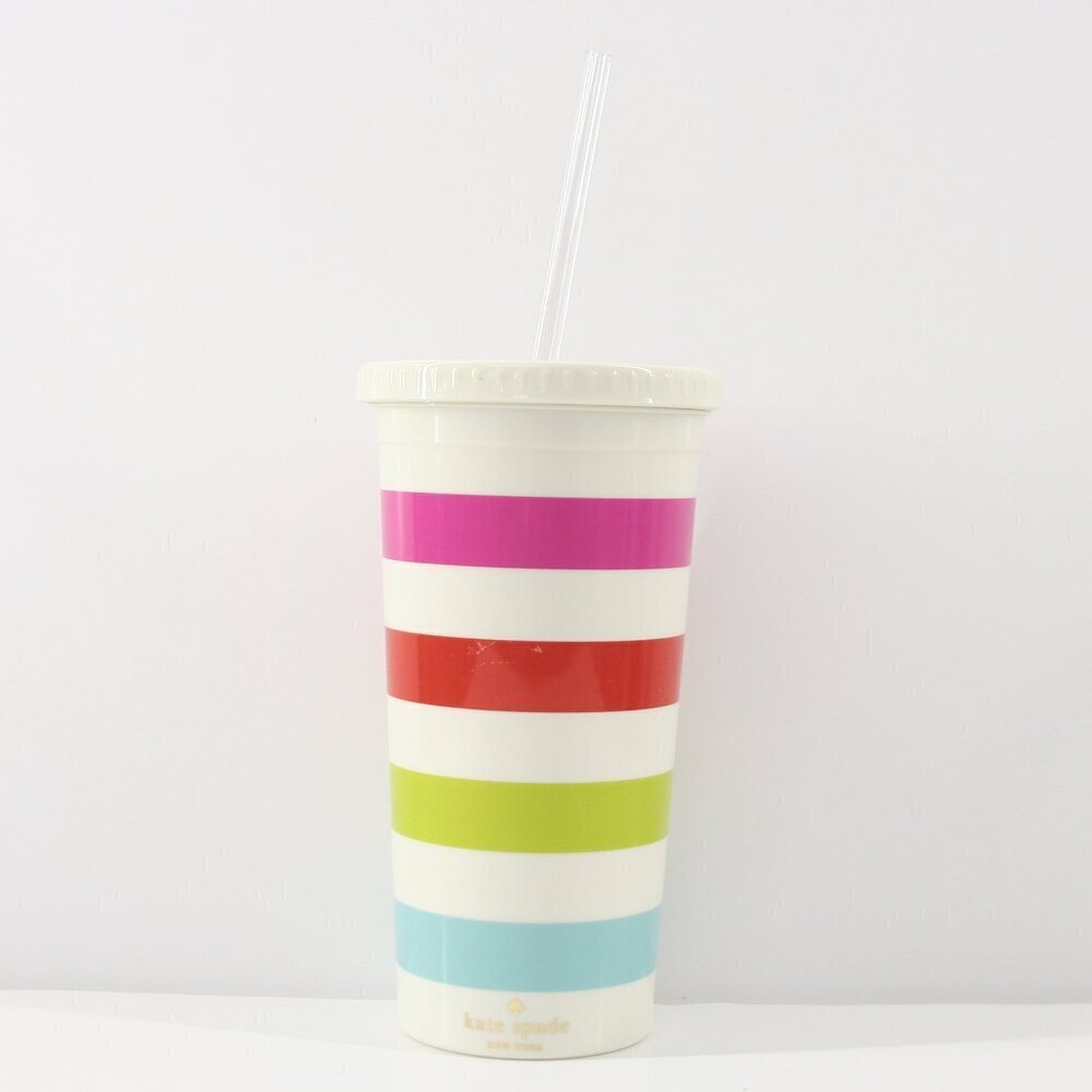 Kate Spade NY Candy Stripe Multi Color Insulated‎ Tumbler New Straw 20oz / 591mL